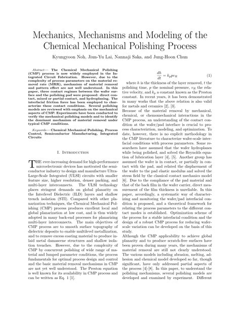 (PDF) Mechanics,Mechanisms and Modeling of the Chemical Mechanical Polishing Process