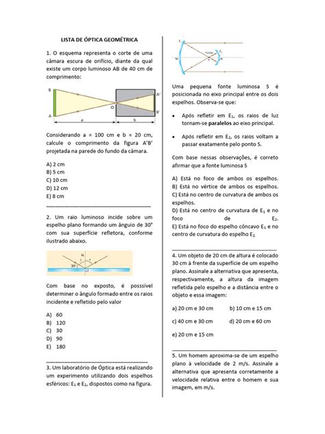 Exercicios De Optica Geometrica - Exercícios de Óptica Geométrica | PDF | Espelho | Ótica