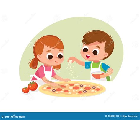 Two Kids Making Pizza Boy And Girl Cooking Stock Vector Illustration