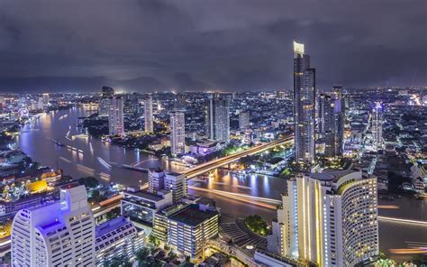 Thailand Bangkok Beautiful City Night River Bridge Ligh Erofound