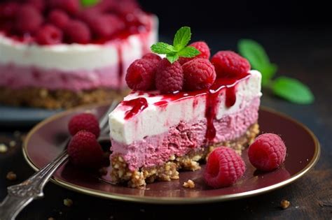 Premium Photo Creamy Raspberry Cheesecake Slice Generate Ai