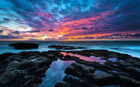 Wallpaper Landscape Sunset Sea Bay Rock Shore Sky Clouds