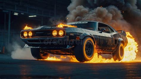 A Sports Car Performing a Drift in an Industrial Setting with Smoke and ...