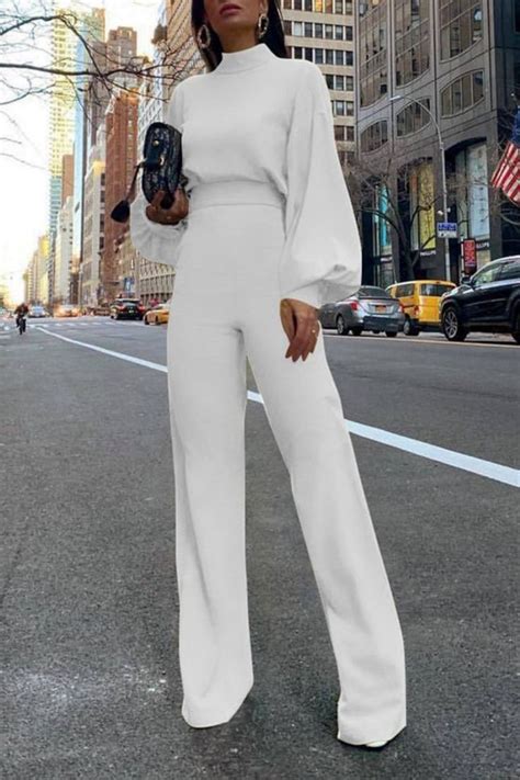 Solid Color High Collar Long Sleeve Casual Jumpsuit Collar Jumpsuit