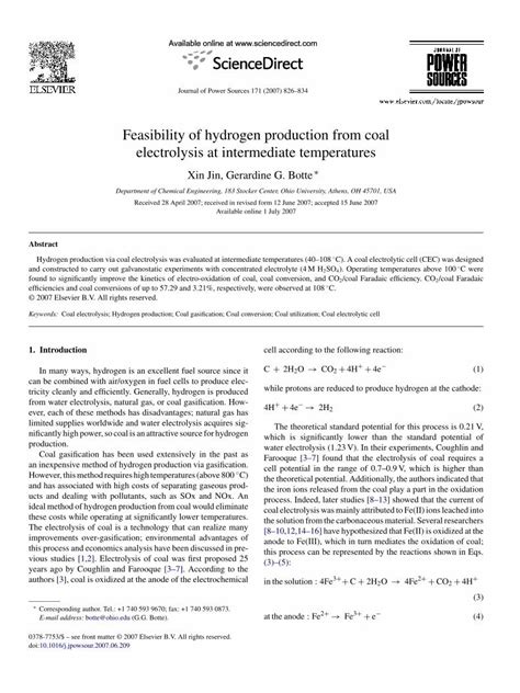 PDF Feasibility Of Hydrogen Production From Coal Electrolysis At