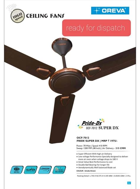 Brown Electricity Oreva Pride Super Dx Ceiling Fan Sweep Size 1200 Mm