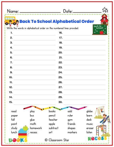 Back To School Alphabetical Order Worksheet Classroom Star Worksheets