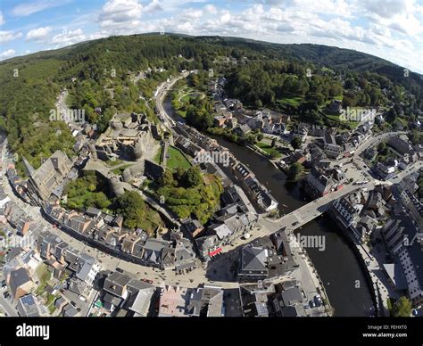 Aerial View On Belgian City La Roche En Ardenne With Ruins Of Medieval