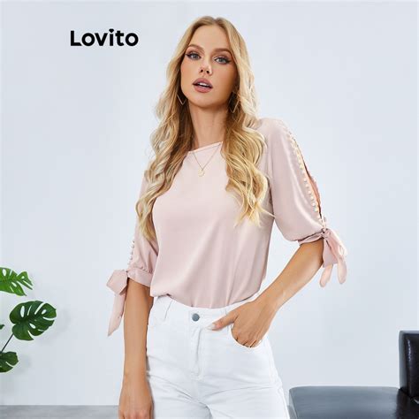 Lovito Blusa Elegante Lazo Perlas Lisas Para Mujer Lbe Rosa