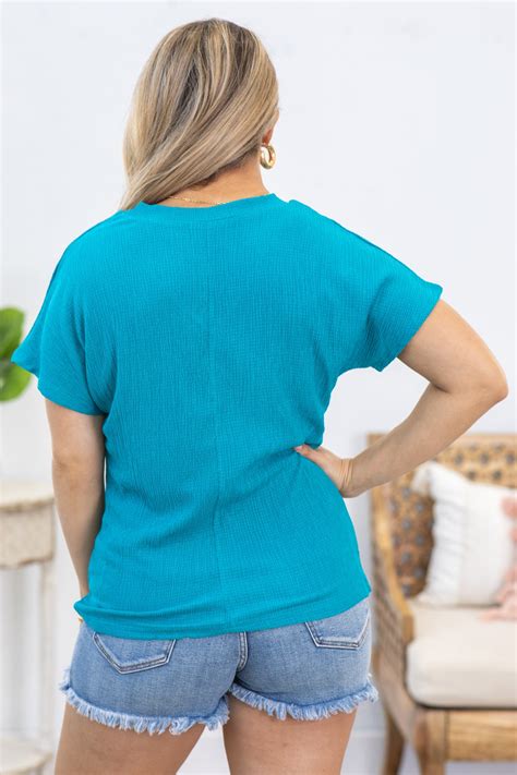 Teal Crinkled V Neck Short Sleeve Knit Top · Filly Flair