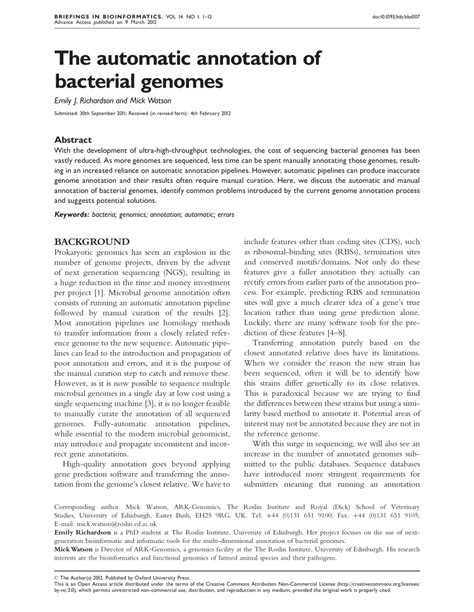 Pdf The Automatic Annotation Of Bacterial Genomes