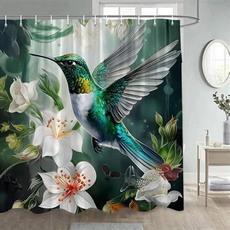 Hummingbirds Shower Curtain White Floral Plant Watercolour Art Modern