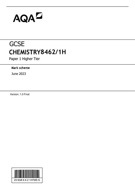 AQA HIGHER TRIPLE SCIENCE CHEMISTRY PAPER 1 2023 MARK SCHEME