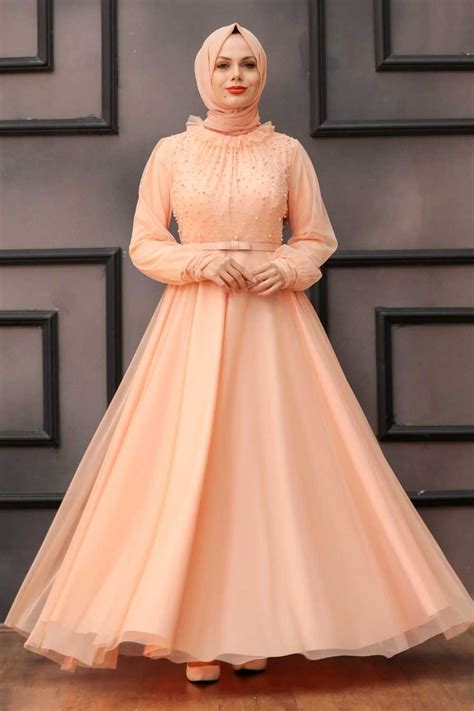 Neva Style Long Salmon Pink Hijab Engagement Gown 2712smn Neva