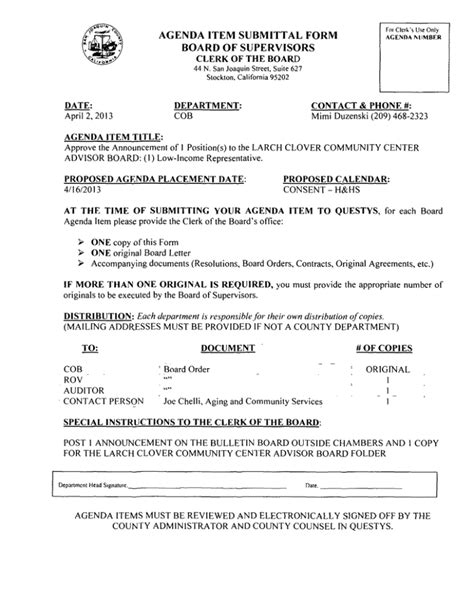 Agenda Item Submittal Form Board Of Supervisors