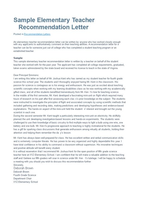 Letter Of Recommendation For Elementary Teacher Templates At