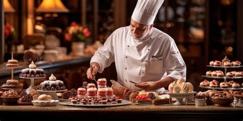 Premium Photo A Pastry Chef Presenting An Array Of Beautifully Crafted Desserts And Pastries