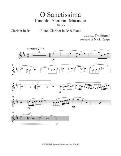 O Sanctissima Flute Clarinet And Piano B Flat Clarinet Part By Nick