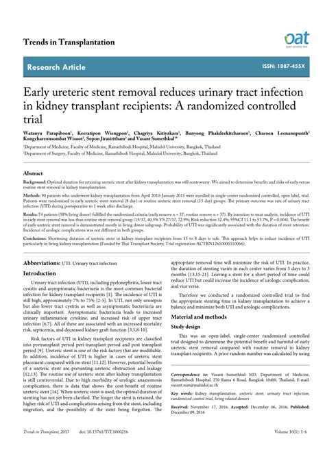 (PDF) Early ureteric stent removal reduces urinary tract infection in kidney transplant ...