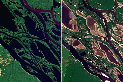 Imagens de satélite mostram antes e depois dos rios da Amazônia por