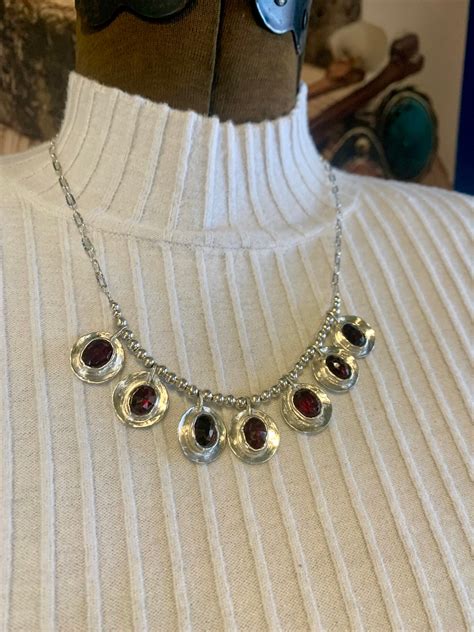 Natural Garnet Sterling Silver Dangle Necklace Artisan Garnet Silver