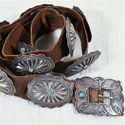 S Navajo Concho Belt Stamped Silver Turquoise Na Gem