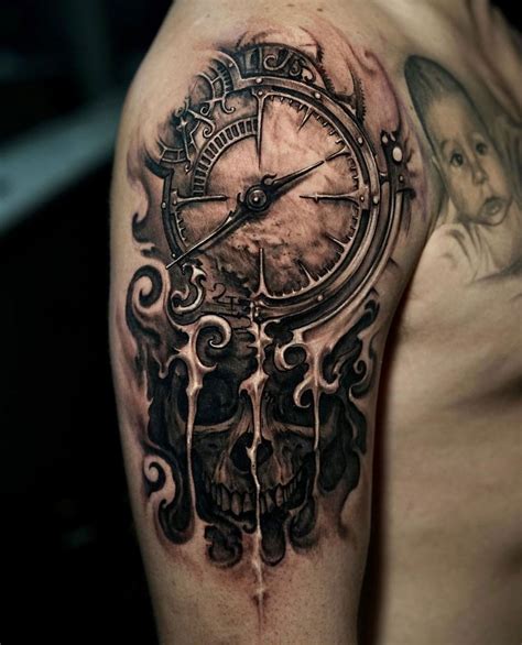 Clock Skull By James Strickland Arm Tattoos Skulls Left Arm Tattoos