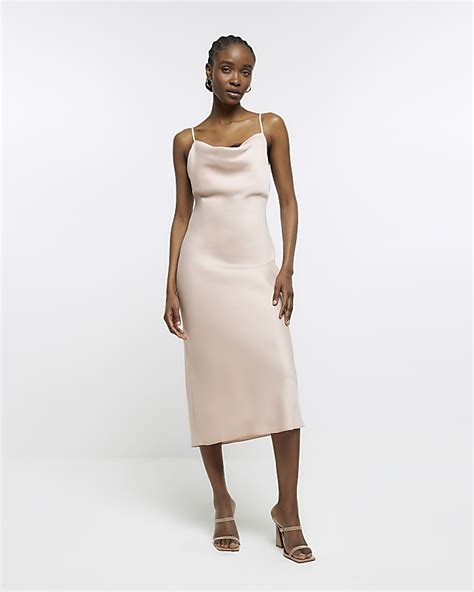 Pink Satin Cowl Neck Slip Midi Dress River Island