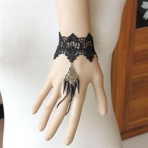 Victorian Gothic Black Lace Wristband Rivet Embellishment Bracelet J