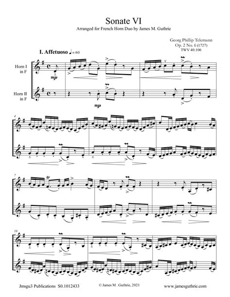 Telemann Sonata Op 2 No 6 For French Horn Duo Arr James M Guthrie