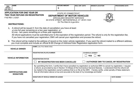 Ct Dmv Form F82 Application For One Year Or Two Year Refund On