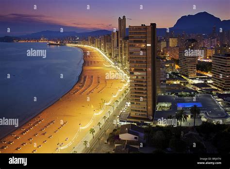 Attractive panoramic view of Benidorm at night. Illuminated beaches ...