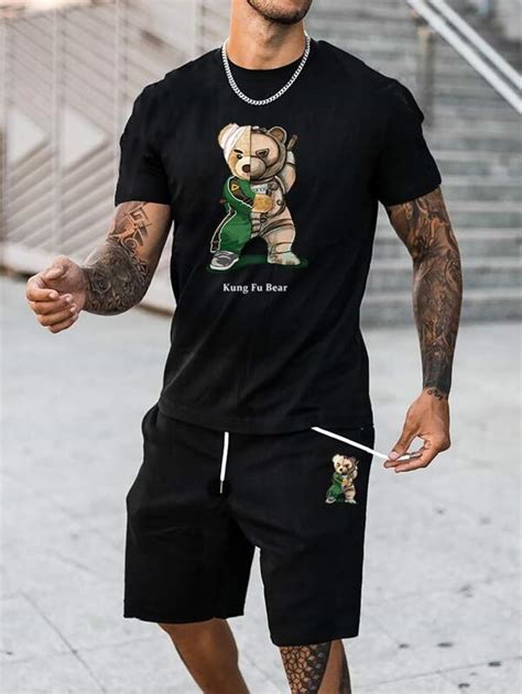 Manfinity Legnd Hombres Shorts Con Camiseta Con Estampado De Oso Y