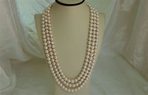 Pearl Necklace Long Triple Strand 10 MM White Cultured Fresh Water