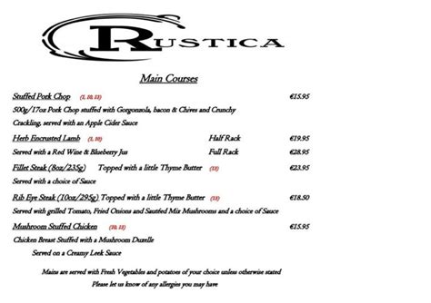 Menu at Rustica restaurant, Los Dolses