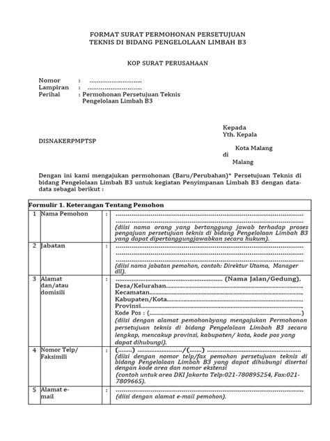 E 1 Surat Permohonan Persetujuan Teknis Pengelolaan Limbah B3 Untuk Pdf