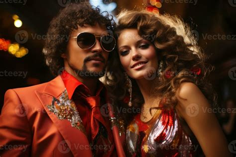 A couple dressed in 1970s disco fashion, striking a disco dance pose ...