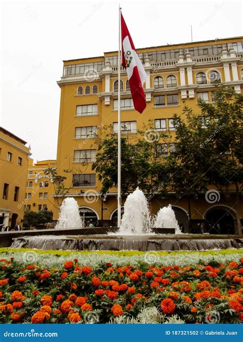 Lima Peru The Flag Of Peru In White And Red Colors In A Fountain And