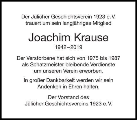 Traueranzeigen Von Joachim Krause Aachen Gedenkt