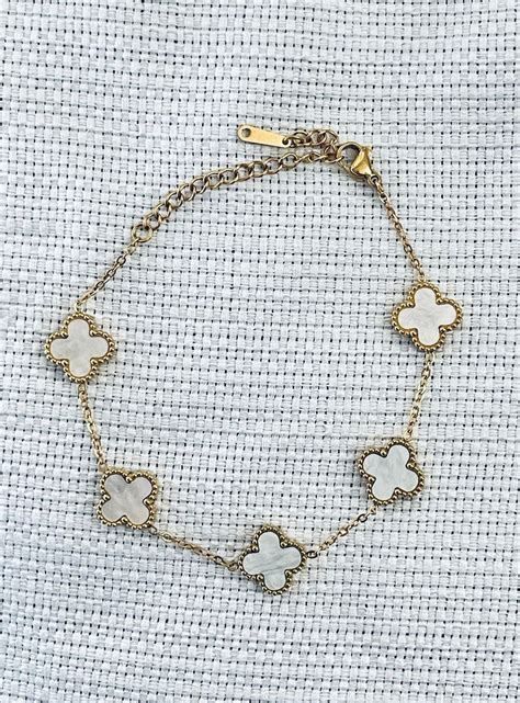 Four Leaf Clover White Bracelet 14k Gold Clover Bracelet Etsy