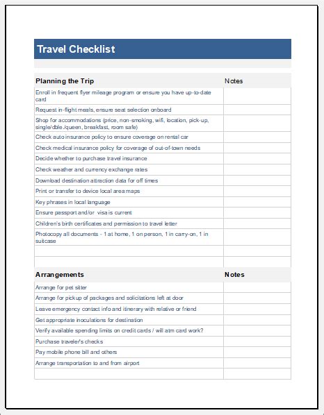 Travel Checklist Template Excel Templates