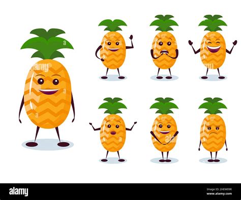 Pineapple Set Character And Emotion Anthropomorphic Hero Vector Illustration In Cartoon