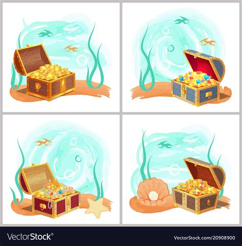 Mermaids Treasures In Chest At Bottom Of Sea Set Vector Image