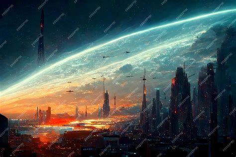 Premium Photo Dreamy Futuristic City In Space With Colorful Clouds