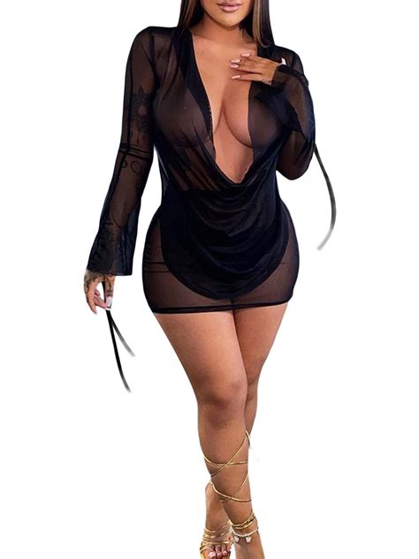 Women Bikini Cover Ups Solid See Through Cowl Neck Long Sleeve Tie Up