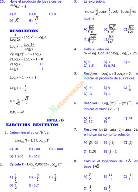 LOGARITMOS EJERCICIOS RESUELTOS DE ÁLGEBRA PREUNIVERSITARIA EN PDF