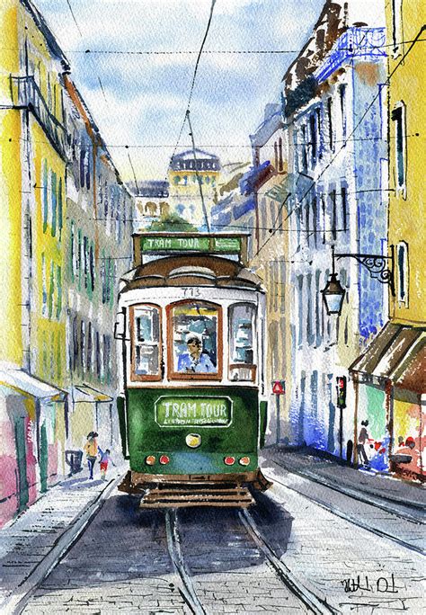 Tram Portugal Painting Oil Framed Original Cityscape Tram Oil Painting