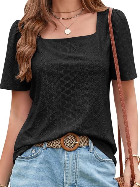 Shibever Women Summer Tops Trendy Square Neck Casual Short Sleeve