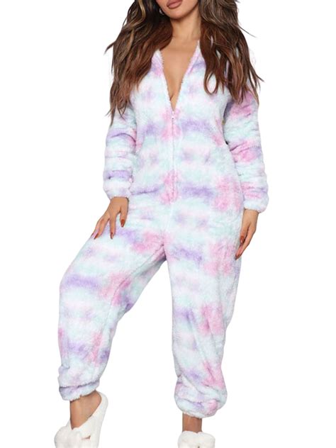 Sunisery Christmas One Piece for Women Fleece Hooded Jumpsuit Zipper
