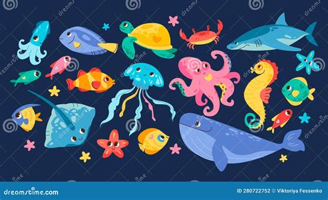 Underwater World, Sea Life. Cute Sea Animals and Fish. Cartoon Vector Characters with Smiling ...